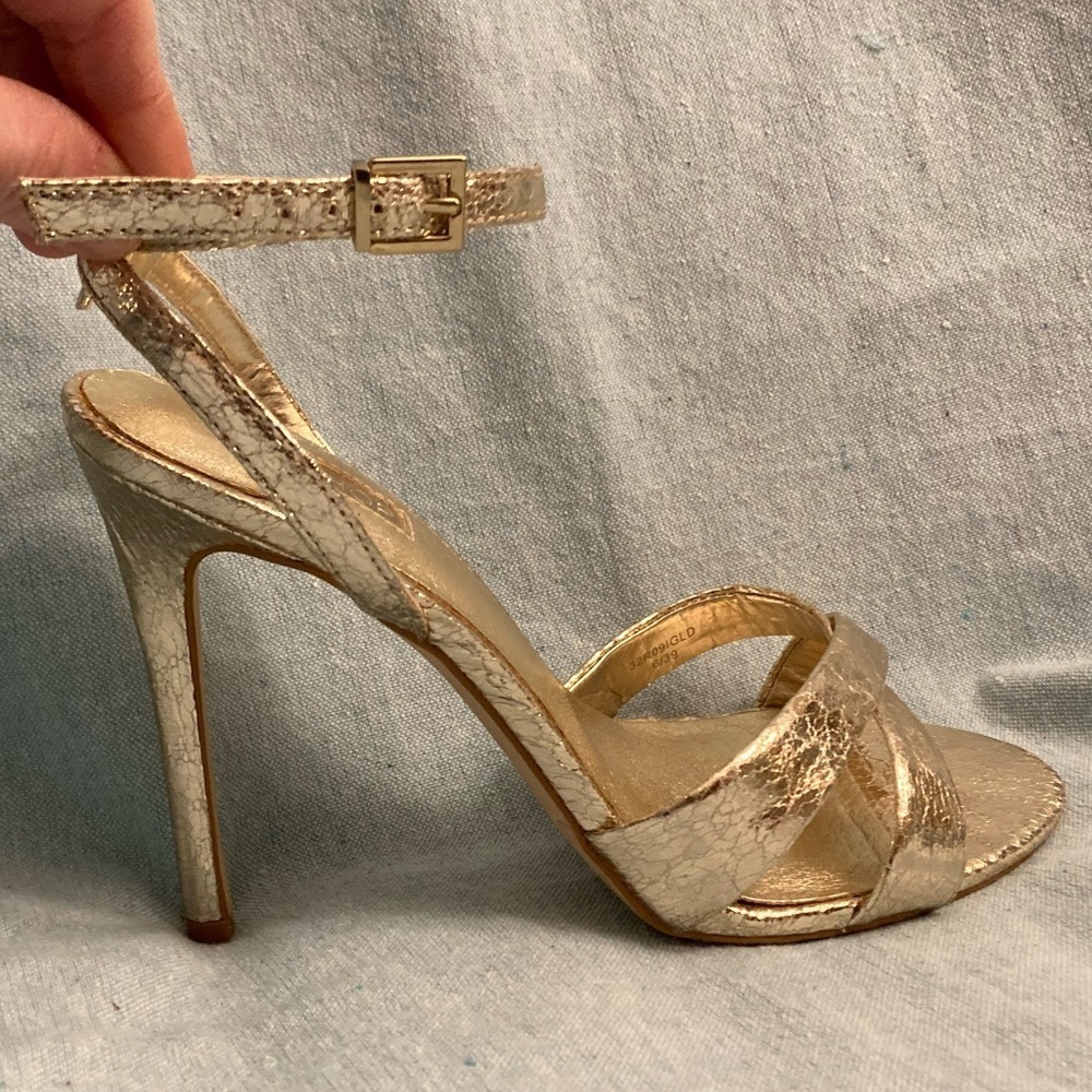 Topshop Gold Metallic Crackle Heels Ankle Wrap Criss Cross Holiday US 8.5/UK 6 - Picture 2 of 9